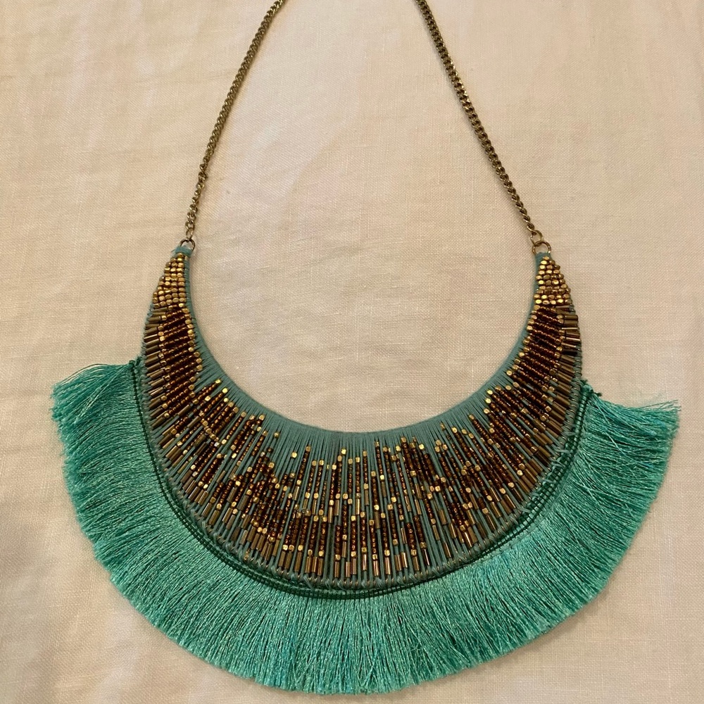 Turquoise and bronze fringe necklace